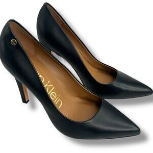 NEW Calvin Klein Pointed Toe Pumps Size 9 High Stiletto Heels Black Leather FLAW